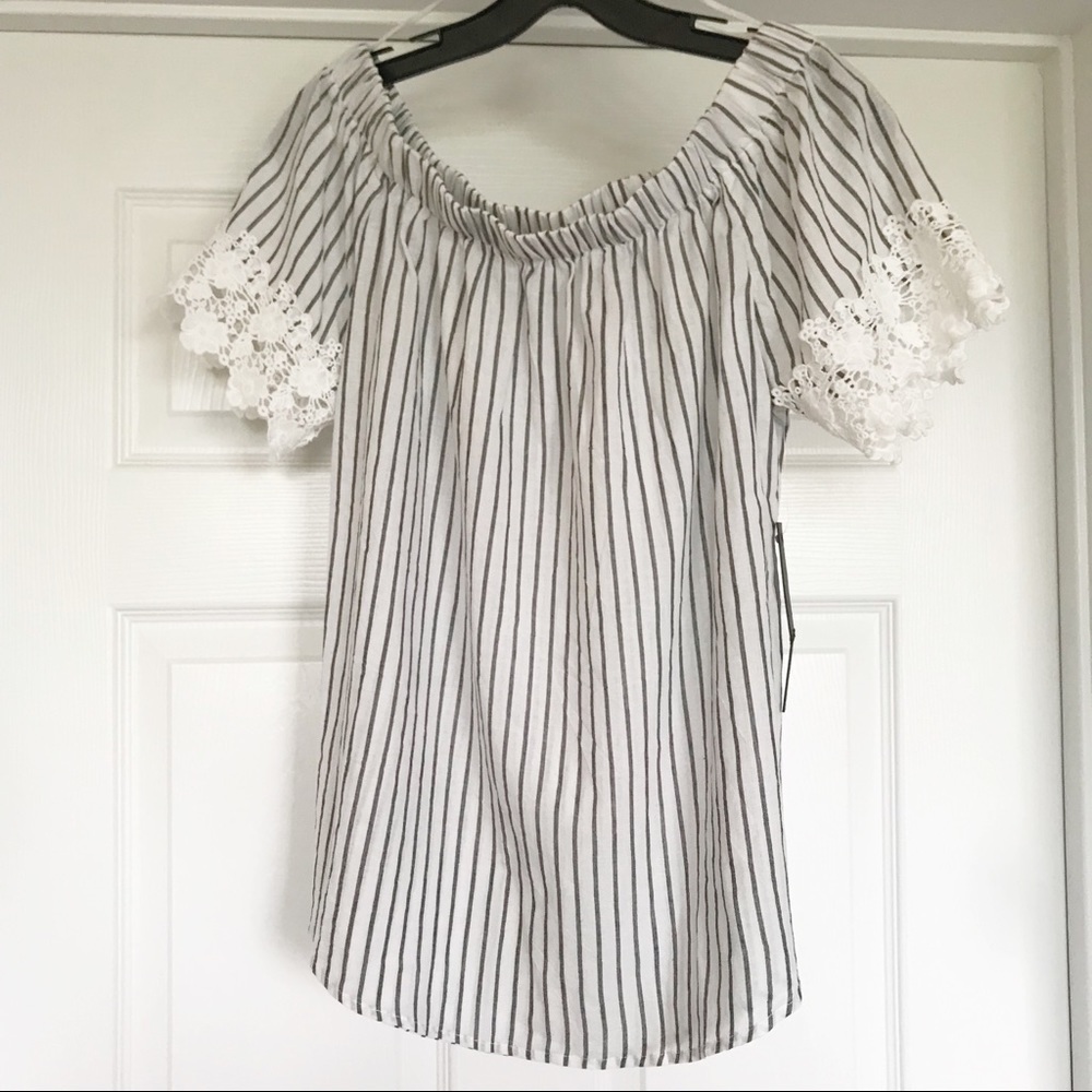 NWT Kontrol Striped Top with White Crochet Details